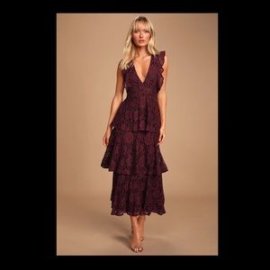 Molinetto Burgundy Lace Ruffled Tiered Maxi Dress